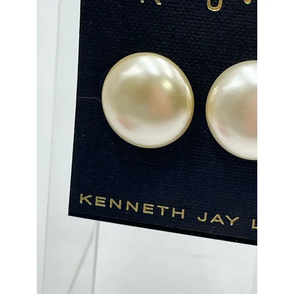 Kenneth Jay Lane KJL‎ Silver Tone Round Faux Pearl Ivory Pierced Stud Earrings - Picture 10 of 13